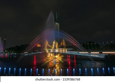 Jakarta, Indonesia - July 5, 2018 : a water dancing show featuring images of Garuda Pancasila in Lapangan Banteng, Jakarta.