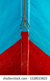 Jakarta / Indonesia - June 10 2018: Red and blue bow of a wooden ship in Jakarta Indonesia
