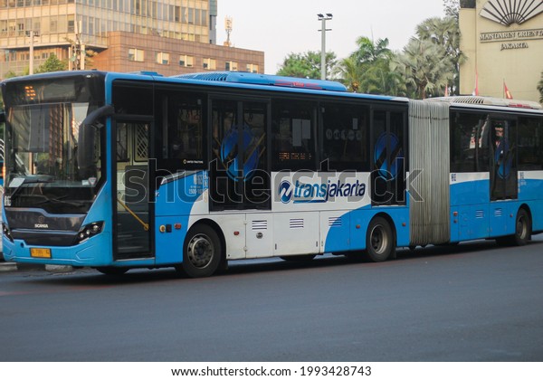 Jakarta, Indonesia June 13, 2021: Jakarta Bus Rapid\
Transit (BRT) called as Transjakarta is a public transportation in\
Jakarta. The first BRT in south east Asia start operations in\
January 2004.