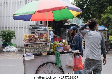 Jakarta, Indonesia - June 15, 2020: Selling A Fruits As A Jakarta Street Food.