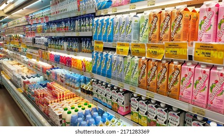 Jakarta, Indonesia - June 15, 2022: Cold Drink On The Fridge At The Supermarket, Mostly Like Milk Juice, And Other Soft Drinks.