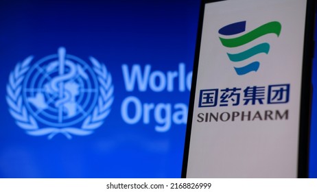 Jakarta, Indonesia - June 18, 2022: Sinopharm Logo Displayed On Smartphone With World Health Organization Background.Is China National Pharmaceutical Group Corporation.is A Chinese State-owned Company