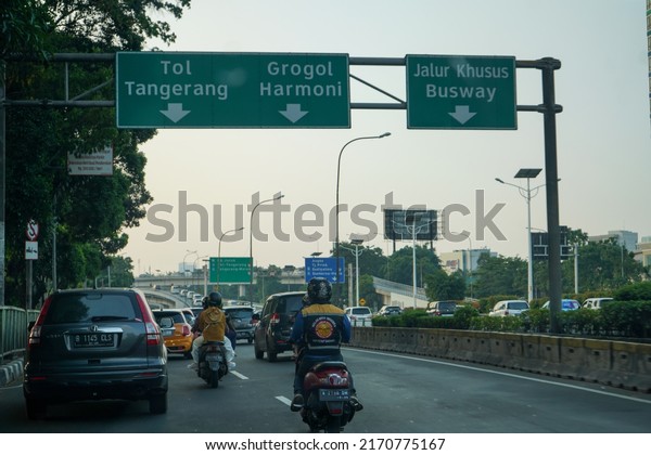 Jakarta,\
Indonesia - June, 2022 : Jakarta Inner Ring Road  and Jakarta Outer\
Ring Road, also known as the Jakarta Inner-City Toll Road is a toll\
road circling the city.  A toll or tollway.\
