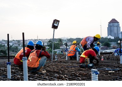 Jakarta, Indonesia - June 21st 2020: Construction Workers Are Installing Box Girder Rebar For Reinforcement In Site Construction Project.