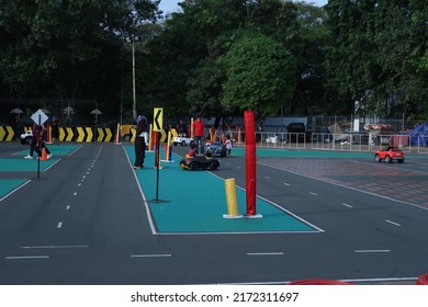 Jakarta, Indonesia - June 26 2022 : Children Driving Toy Car At Jakarta Fair 