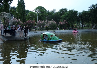 Jakarta, Indonesia - June 26 2022 : Paddle Boat At Jakarta Fair Or Perahu Angsa Di PRJ