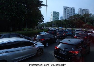 Jakarta, Indonesia - June 26 2022 : Traffic Jam On A Street Heading For Jakarta Fair Or Macet PRJ