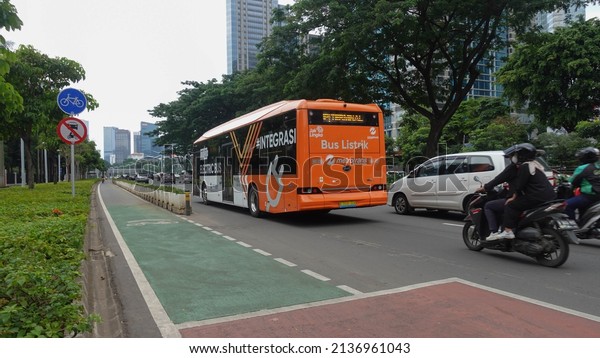 Jakarta, Indonesia - March 18, 2022:\
Transjakarta is the first Bus Rapid Transit transportation system\
in Southeast Asia and South Asia. Currently, the Transjakarta\
Electric Bus is\
available.