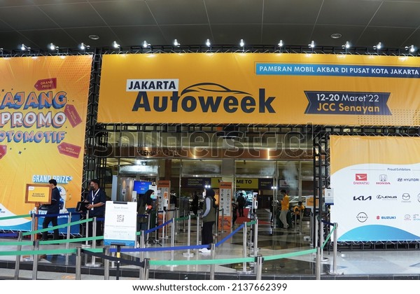 Jakarta, Indonesia, March 2022.\
The entrance to the Jakarta Auto Week automotive event, at the\
Jakarta Convention Center complex, Senayan, South\
Jakarta.