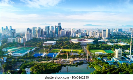 JAKARTA - Indonesia. March 26, 2018: Beautiful Landscape Of Senayan Stadium Complex With Skyscrapers Under Blue Sky 