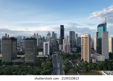 Jakarta Indonesia March 26 2022 : Aerial Jakarta view from above Sudirman street in the morning with building and rush hours view