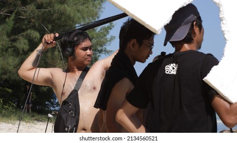 Jakarta, Indonesia - May 28, 2019: Some Film Crew Are Shooting A Scene On A Beach