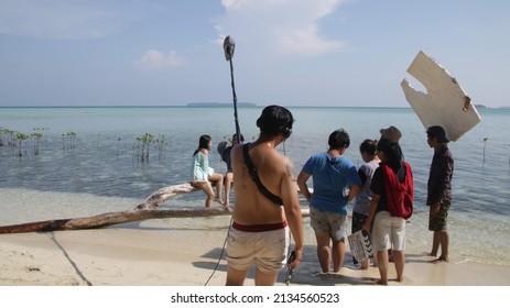 Jakarta, Indonesia - May 28, 2019: Some Film Crew Are Shooting A Scene On A Beach