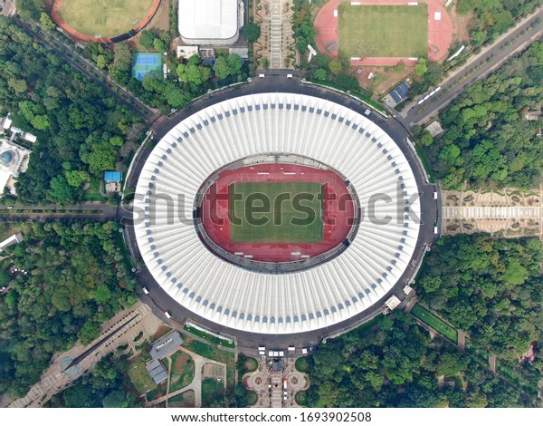 Jakarta, Indonesia - November 11, 2018: Aerial\
drone top view of Gelora Bung Karno Stadium after international\
multi-sport event