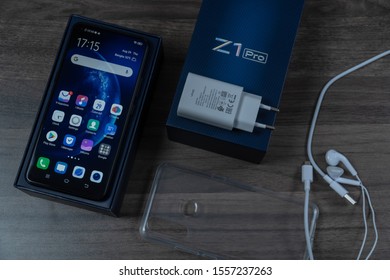 Jakarta, Indonesia - November 12, 2019: Unboxing Vivo Z1 Pro Android smartphone. 