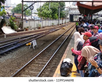 JAKARTA, INDONESIA - November 20, 2017: Crowd Of People Waiting For The Train At Tanah Abang Station.