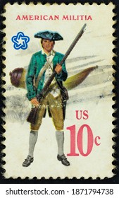 Jakarta, Indonesia - November 30, 2020: Old United States Postage Stamp With American Militia On It.