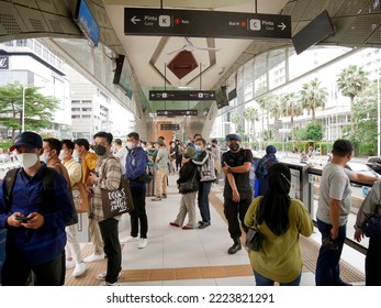 Jakarta, Indonesia - November 6, 2022 : Crowd People At Brt Station Bundaran HI In Central Jakarta. People Waiting For Bus At Brt  Station. 