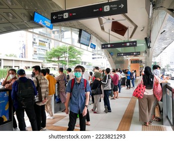 Jakarta, Indonesia - November 6, 2022 : Crowd People At Brt Station Bundaran HI In Central Jakarta. People Waiting For Bus At Brt  Station. 