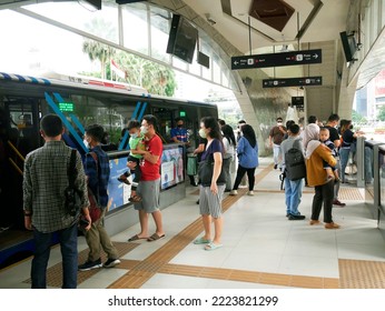 Jakarta, Indonesia - November 6, 2022 : Crowd People At Brt Station Bundaran HI In Central Jakarta. People Waiting For Bus At Brt  Station. 