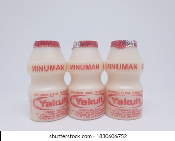 Jakarta, Indonesia -  Oct 10,  2020: Yakult Fermented Milk Drink On White Isolated Background. Healthy Probiotic Drink With The Bacteria Strain Lactobacillus Paracasei Shirota.

