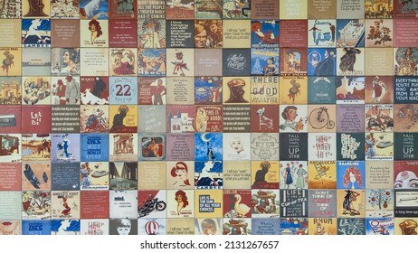 Jakarta, Indonesia - Oct 2021: Ceramic Wall Tiles With Printed Vintage Cartoon Drawing And Word Of Wisdom. For Background Template. No People.