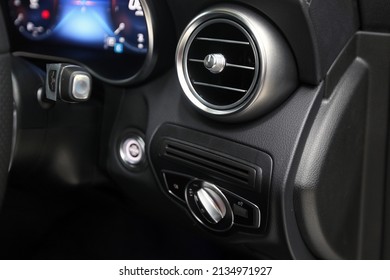 Jakarta, Indonesia, Oct 24 2019: Cabin. Car Interior. Car steer. Steering wheel. Air conditioner or AC. Car horn. Speedometer. Volume. Tape. Dashboard.  Mercedes-Benz Car interior in sales showroom 