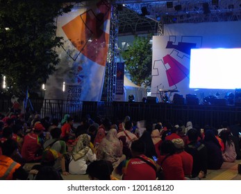 Jakarta, Indonesia - October 06, 2018: Watch With The Opening Of The 2018 Asian Para Games Through The Big Screen In Senayan.