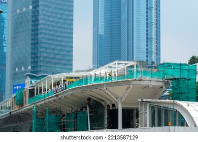 Jakarta Indonesia October 13 2022, Nameplate Bundaran HI Public Transportation Busway Station And MRT Mass Rapid Transit Construction Revitalization Unfinished