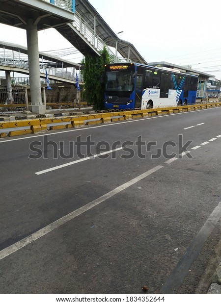 Jakarta, Indonesia - October, 15 2020 the busway\
stop in front of the immigration office at duren tiga street\
mampang south jakarta