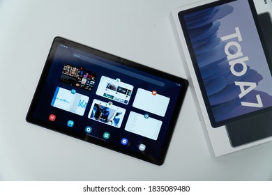 Jakarta, Indonesia - October 17, 2020: The Samsung Galaxy Tab A7 has a 10.4” with a resolution of 2000x1200 pixels and about 80% screen-to-body ratio.
 - Shutterstock ID 1835089480