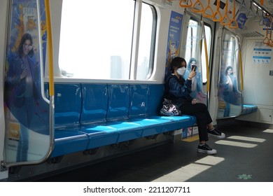 Jakarta, Indonesia. October, 2022. MRT Jakarta Passengers. Blue Seats In The Interior Of MRT Jakarta.                  