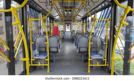 Jakarta, Indonesia On Des 8, 2021: Defocused. The Interior Of The Trans Jakarta Bus Is More Comfortable And Always Clean. Selective Focus