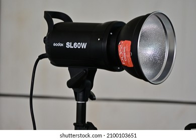 jakarta, indonesia on jan 01, 2022: defocused. a Godox SL60W LED video productipn light on photoshot session, used for film shooting and videography. selective focus