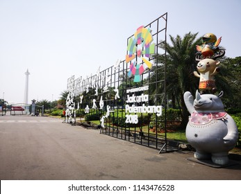 Jakarta Indonesia On July 28, 2018: Landmark Of City And Asian Games Mascot  