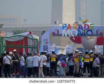 Jakarta, Indonesia - September 23, 2018: Police With Wheels Participate In Enlivening The Asian Para Games Momo Parade.