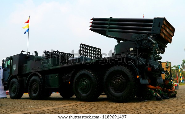 Jakarta, Indonesia - September 27, 2018: RM 70\
Vampire, multiple rocket launcher made in Czechoslovakian, at  the\
Indonesian Army primary weapons defense system\'s exhibition at the\
National Monument.