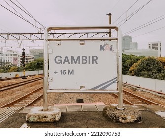 Jakarta, Indonesia , September 8, 2022 : Gambir Station Name Signboard And A Description Of The Height Of The Station 16 Meters Above Sea Level 