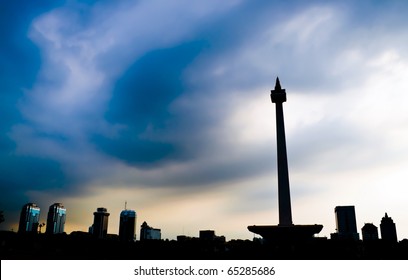 Jakarta National Monument Skyline With Blue Cloudy Sky