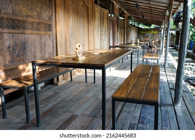 Jakarta,indonesia,may 2022,outdoor Wooden Table And Chairs From A Restaurant In Jakarta