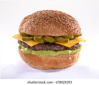 Jalapeno Cheese Burger On White Background.