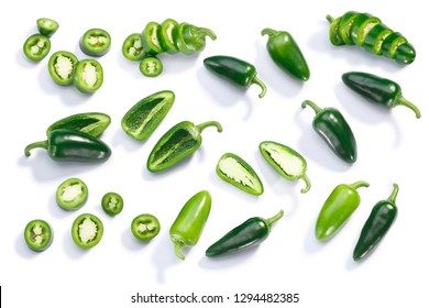 Jalapeno Chile Pepper (Capsicum Annuum Fruits), Whole, Chopped, Halved, And Sliced Pods, Top View, Isolated