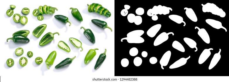 Jalapeno Chile Pepper (Capsicum Annuum Fruits), Whole, Chopped, Halved, And Sliced Pods, Top View, Isolated