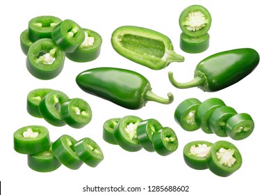 Jalapeno chile peppers (Capsicum annuum fruits), whole, sliced and chopped