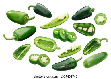 Jalapeno chile peppers (Capsicum annuum fruits), whole, sliced and chopped, grilled, rings and quarters