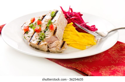 Jalapeno Marinated Grilled Tuna Steak With Beet And Jicama Slaw