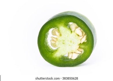 Jalapeno Pepper Slice Isolated. Round Single Vegetable Cross Section With Seeds.