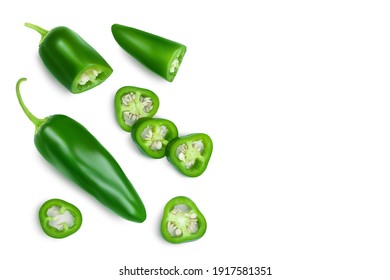 jalapeno peppers isolated on white background. Green chili pepper with clipping path. Top view with copy space for your text. Flat lay