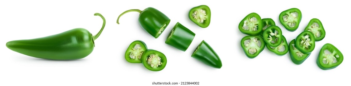 jalapeno peppers isolated on white background. Green chili pepper with clipping path and full depth of field. Set or collection - Shutterstock ID 2123844002