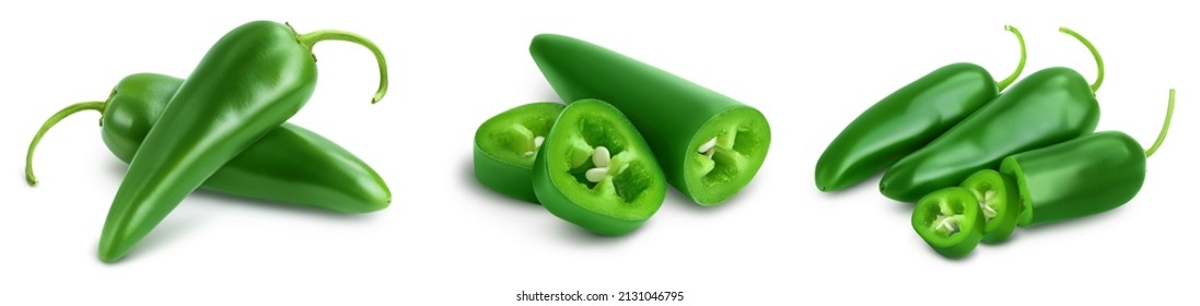 jalapeno peppers isolated on white background. Green chili pepper with clipping path and full depth of field. Set or collection